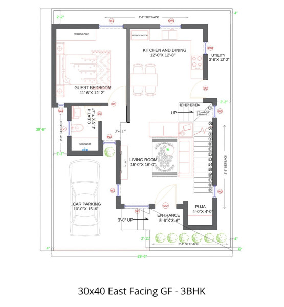 30x40 East Facing Ground Floor - 3BHK 